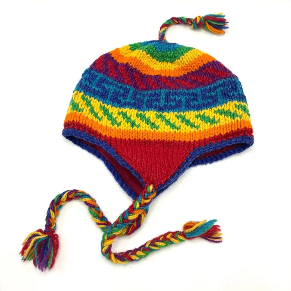 Rainbow Striped Wool Sherpa Hat Earflap Beanie Toque Toboggan Stocking Cap Nepal